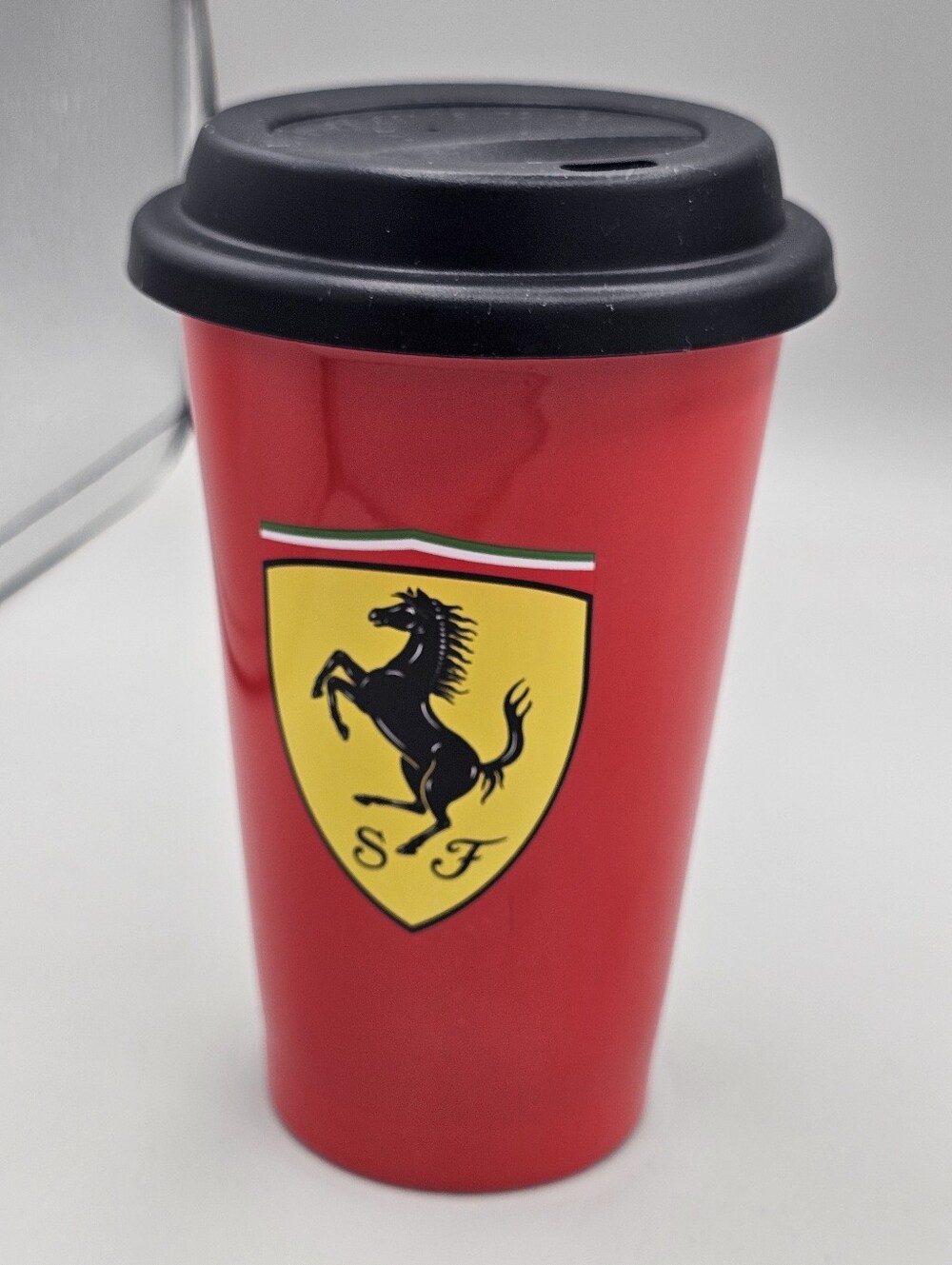 New Ferrari Scuderia F1 Red Ceramic Travel Mug Tumbler Coffee Cup Black Lid 12oz